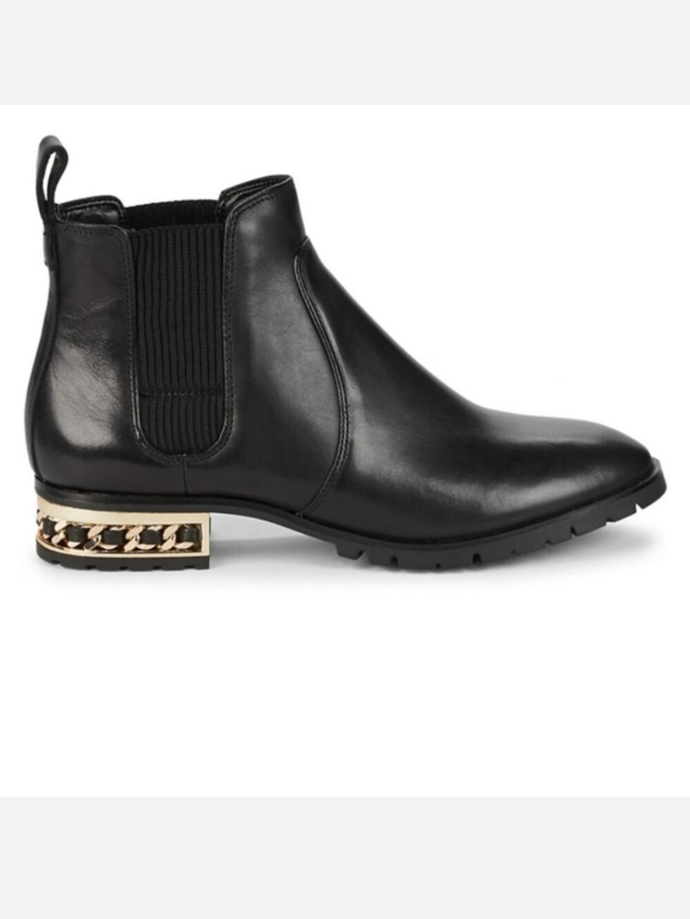 NWOT Karl Lagerfeld Black Simone Leather Chelsea Boot with Gold Chain Accent